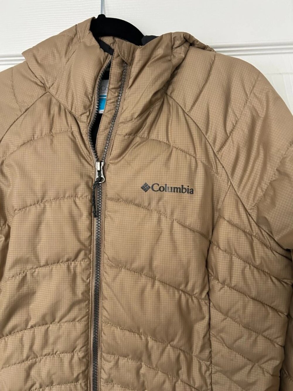 Columbia Karis Gale Long Jacket Women’s Medium Beige Hooded Puffer Coat Full Zip - Picture 3 of 7